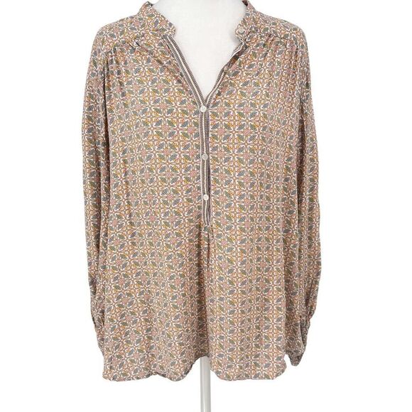 Max Studio Women’s Blouse L Boho Floral Geometric Print Top Rayon Long Sleeve - Picture 1 of 11